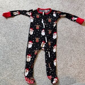 Kids Black Santa & Reindeer Footed One-Piece Pajamas with Red Trim